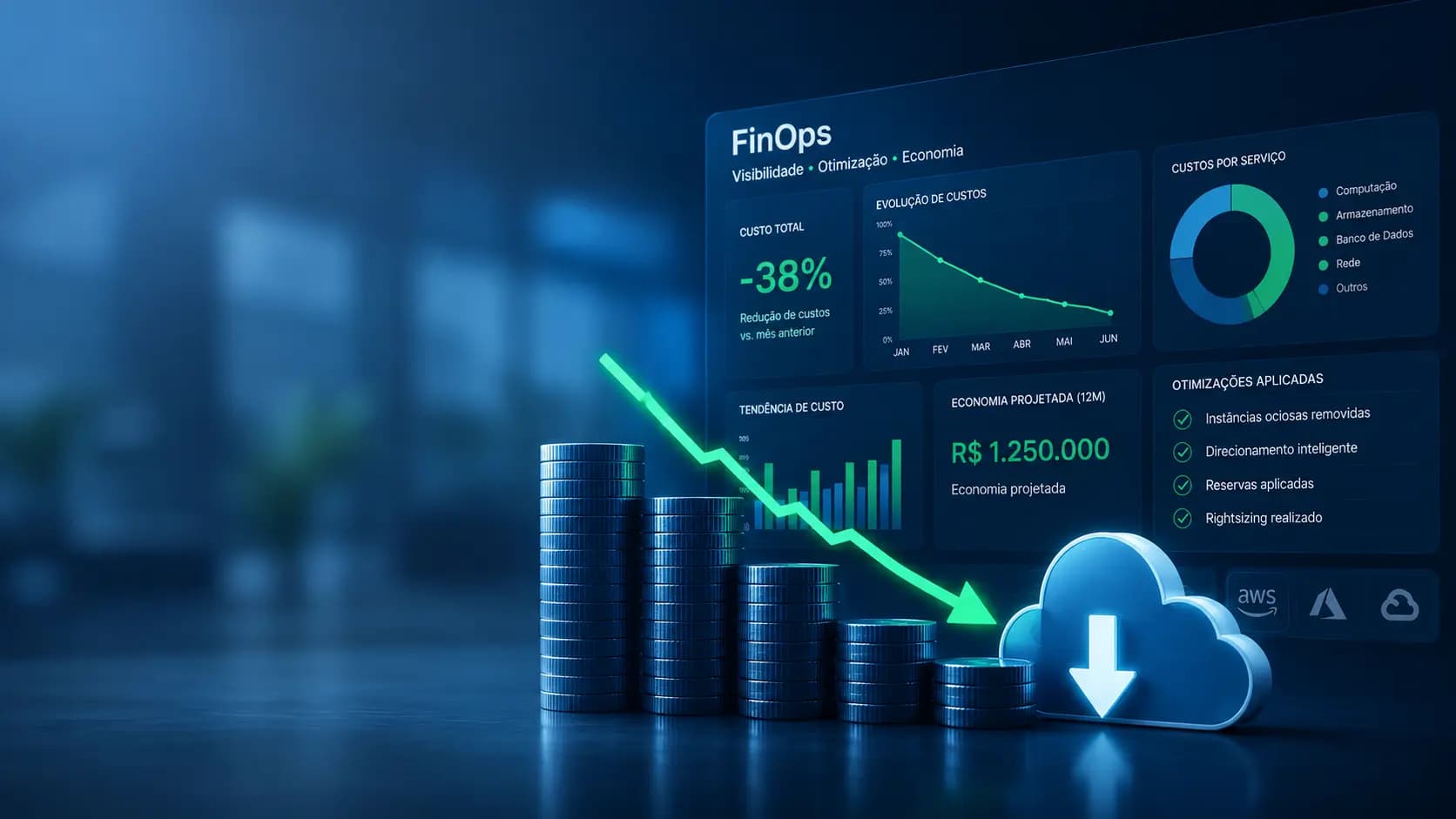 Dashboard FinOps mostrando redução de custos na Azure